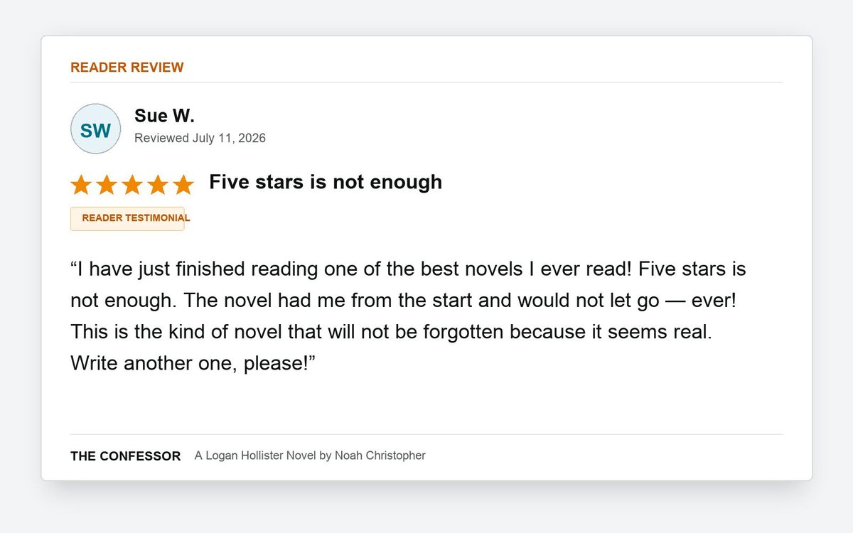 Formatted five-star reader testimonial from Sue W. saying Five stars is not enough